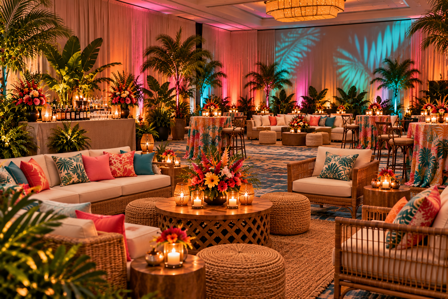 Tropical ballroom lounge at sunset